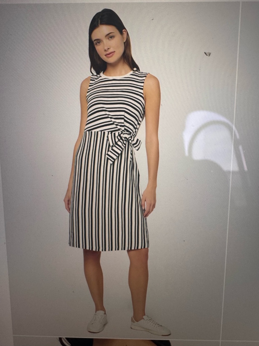 Three Dots Black and White Striped Tie-Waist Midi Dress